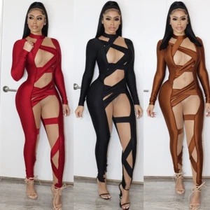 Sexy Womens Long Sleeve Cut-out Mesh Patchwork Bandage Bodycon Jumpsuit Clubwear - Picture 1 of 15