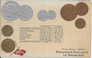 DANEMARK [Denmark] Embossed Vintage Coin and Flag Postcard not postally used - Picture 1 of 2