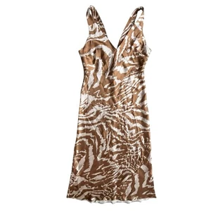 ASOS Design Women’s Sz 8 Bronze Cream Zebra Print Satin Bias Cut Midi Slip Dress - Picture 1 of 24