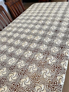 Vintage Crochet Ivory Lace Tablecloth Handmade Geometric Rectangle 100x80 in - Picture 1 of 10