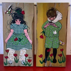 Jan Wooden Hand Made Boy & Girl Floral Decorative Wall Hangings - Picture 1 of 10