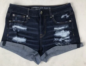 American Eagle Stretch Super Hi Rise Shortie Jean Shorts Size 4 Distressed - Picture 1 of 8