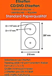 100 CD DVD Etiketten Label Aufkleber weiß 117/17 + Software Download 117 17 mm - Bild 1 von 1