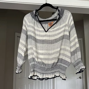 Top Kristen Tory Burch blu misto lino taglia 4 blu navy bianco con volant - Foto 1 di 9