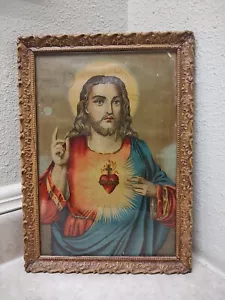 Antique Sacred Heart Of Jesus Picture Wood Ornate Gold Frame 15.5"x11" - Picture 1 of 12