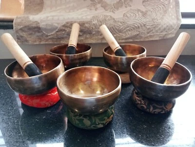 5-8" Set Of 5  Tibetan Full Moon Singing Bowls Hand beaten and Carved,yoga bowls - Image 1 of 4