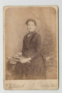 W H PRESTWICH STUDIO CABINET CARD TOTTENHAM WHITE HART LANE WOMAN WIHT FLOWERS 
