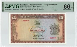 RHODESIA $5 Dollars 1978, P-36b* REPLACEMENT Y/1 006615, PMG 66 EPQ Gem UNC. - Picture 1 of 2
