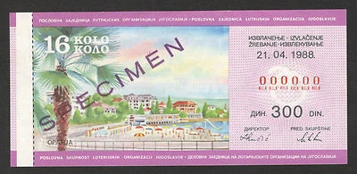 YUGOSLAVIA-LOTTERY-SPECIMEN-COMMUNIST PERIOD-VERY RARE-16 KOLO-OPATIJA-1988. - Image 1 of 2