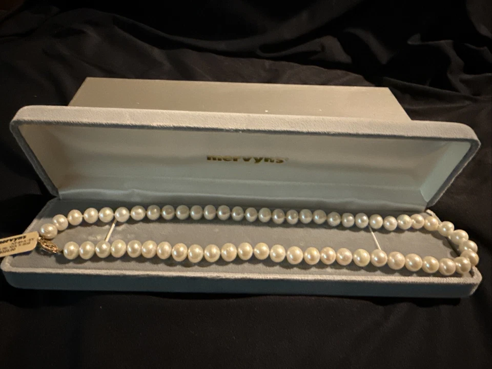 Collar de perlas Mervyns broche de oro amarillo de 14k 18" 8,9 mm broche de perlas 42 gramos Foto 1 de 4