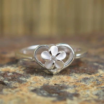Hawaiian 925 Silver Plumeria Flower Heart Love CZ Wedding Ring Band 8mm SR3121 - Image 1 of 3