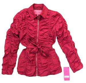 Betsey Johnson Hot Pink Ruched Belted Jacket Barbiecore Barbie Core Peplum L - Picture 1 of 11