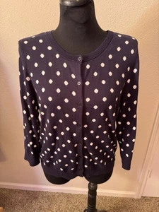 Talbots XL Navy Blue White Polka Dot Button Up Cardigan Sweater 3/4 SLV NEW - Picture 1 of 9