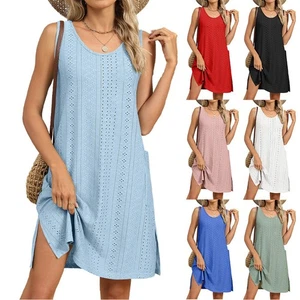 Loose Fit Round Neck Dress for Women Solid Color Casual Sleeveless Pockets - Picture 1 of 108
