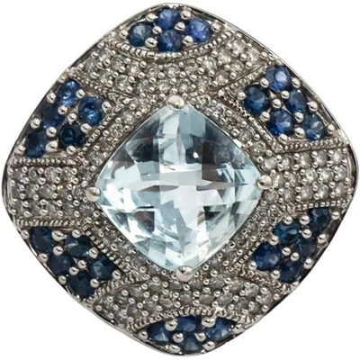 Anillo de cóctel con racimo de zafiros y diamantes aguamarina de oro blanco de 14 k talla 5,50 quilates 6,25 Foto 1 de 4