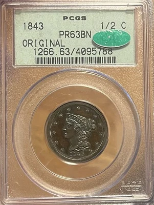 1843 OGH! PCGS/CAC PR63BN Proof Braided Hair Half Cent - Image 1 of 4