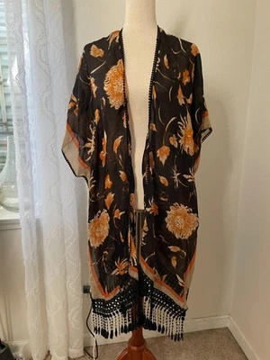 Plumero Kimono Boho Floral Talla Única Negro Naranja Borla Transparente Dobladillo Cubrir Foto 1 de 4