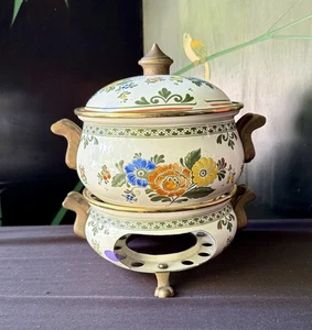 Cazuela y calentador de alimentos floral vintage alemana ASTA esmaltada con tapa - Imagen 1 de 4