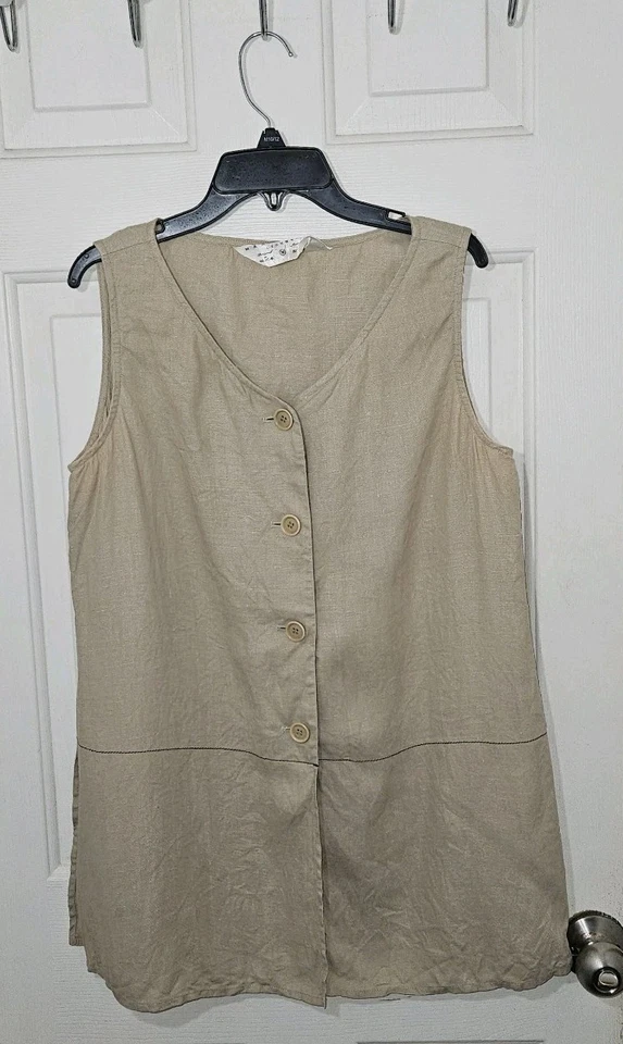Top Max Studio Leon Max sin mangas 100 % lino beige con aberturas laterales abotonadas talla M Foto 1 de 4