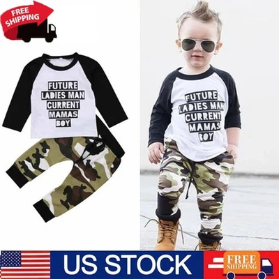 学步宝宝男宝宝服装字母印花长袖上衣迷彩裤套装 — 第 1/4 张图片