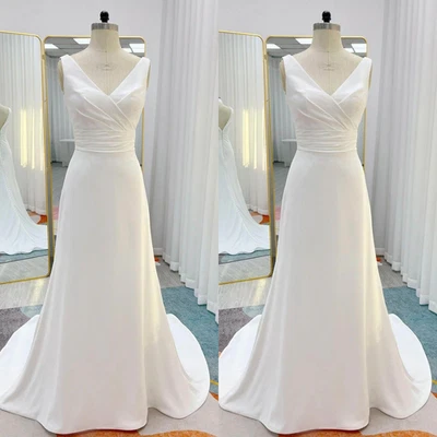 Satin Wedding Dresses Simple V Neck White Ivory Backless Sleeveless Bridal Gowns - Image 1 of 4