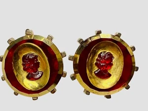 Vintage Red & Gold-Tone Cameo Cufflinks With Starburst Backplate Estate Rare - Picture 1 of 8
