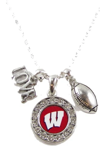 Wisconsin Badgers Multi Charm Love Football Red Silver Necklace Jewelry UW Cover