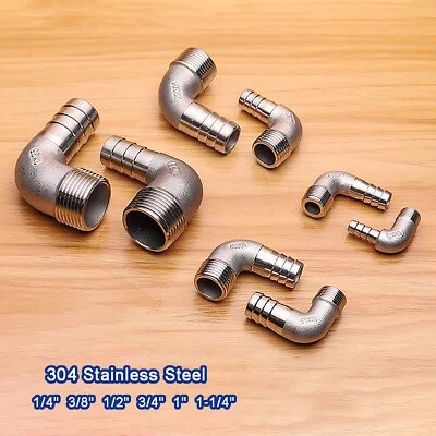Stainless Steel BSP 90° Elbow Hose Joiner Connector Tail Barbed Pipe Fittings - Image 1 of 4