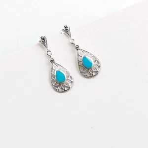 Vintage Style Silver Earrings with Natural Turquoise Dangle Hook Earrings - Picture 1 of 3