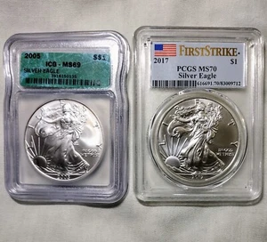2 American Silver Eagle PCGS 2017 MS70 FS Flag label & 2005 ICG MS69 Eagle Green - Picture 1 of 10