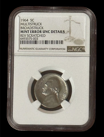 1964 NGC Unc. Details Multistruck Broadstruck Nickel Huge Mint Error Cover