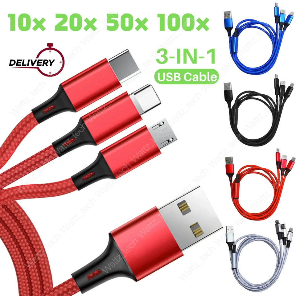 3 in 1 Micro USB Type C 3A Fast USB Charging Cable Cell Phone Cord Charger Lot - Image 1 of 4