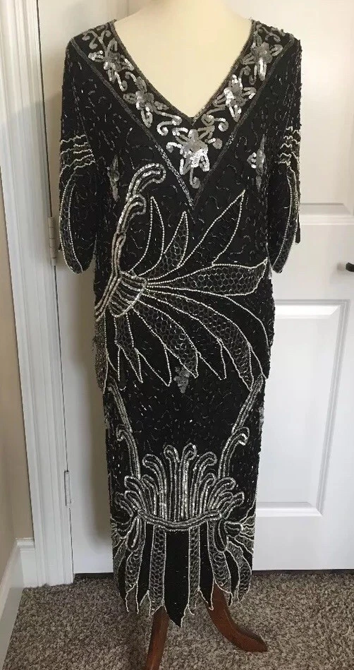 Linsiano Womens Vintage Medium Silk Black Silver Sequins Beads Pearls VLV Formal - Image 1 of 4