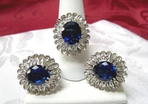 BRAZILIAN 18K WHITE GOLD SAPPHIRE DIAMOND EARRINGS & RING FILIGREE SET RARE - Picture 1 of 10