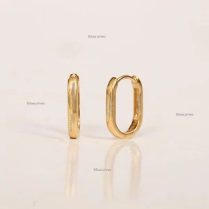 Solid 14k Yellow Gold Huggies Earrings Oval Shape Hoops Huggies Earrings - Picture 1 of 12