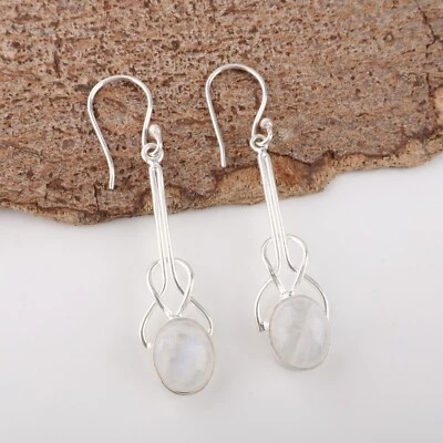 Pendientes colgantes de piedras preciosas de luna arco iris de plata de ley 925 joyas hechas a mano Foto 1 de 4
