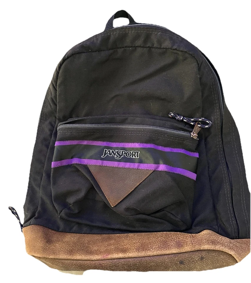 Mochila de Colección JanSport EE. UU. Parte Inferior de Cuero Negra Años 90 Retro Senderismo Bolso para Libros Foto 1 de 4