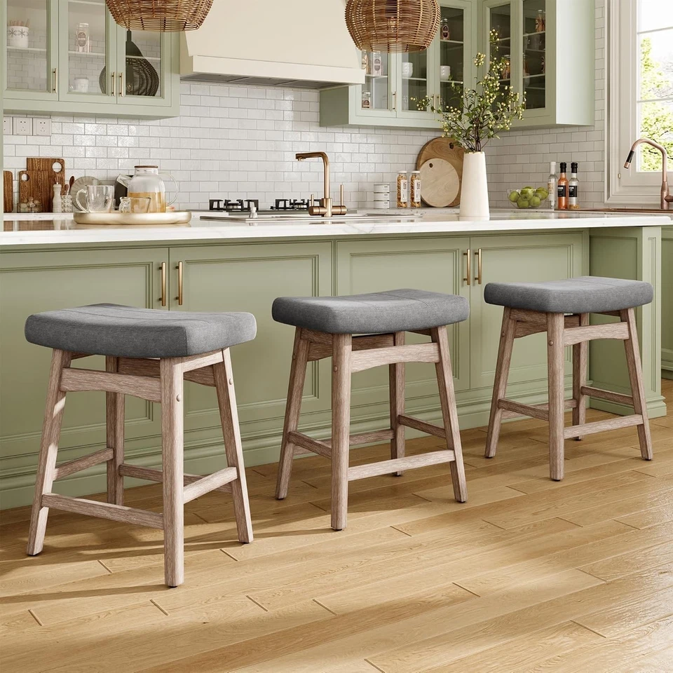 3 x Saddle Bar Stools Kitchen Counter Height Dining Pub Chairs w/ Solid Wood Leg - Image 1 of 2