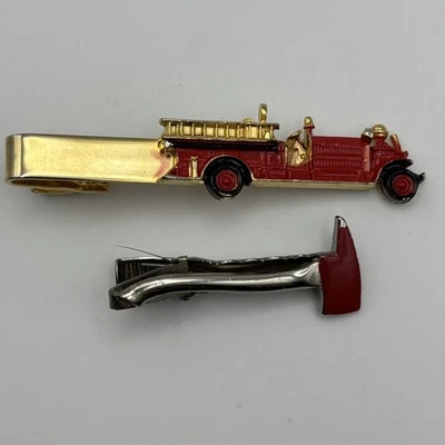 Vtg Fire Truck & Fire Axe Neck Tie Clips Gold Tone Red  - Image 1 of 4