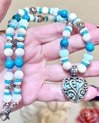 LOVELY Artisan Ornate Sterling Silver Turquoise, Opal Reversible Heart Necklace - Image 1 of 4