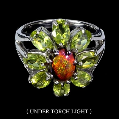 Anillo de plata de ley 925 ovalado ópalo negro 8x6 mm peridoto piedras preciosas joyería tamaño 8 Foto 1 de 4