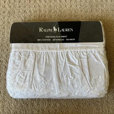 NEW Ralph Lauren Home Old Stock Patience White King Flat Sheet Eyelet Ruffle - Image 1 of 4