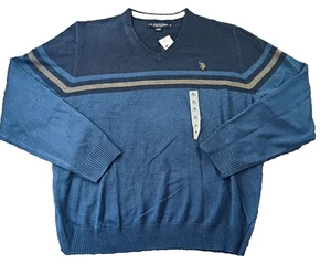 NWT Size XL V Neck Pullover Sweater Preppy Stripe Navy Grey  Career 90s Y2k - Picture 1 of 10