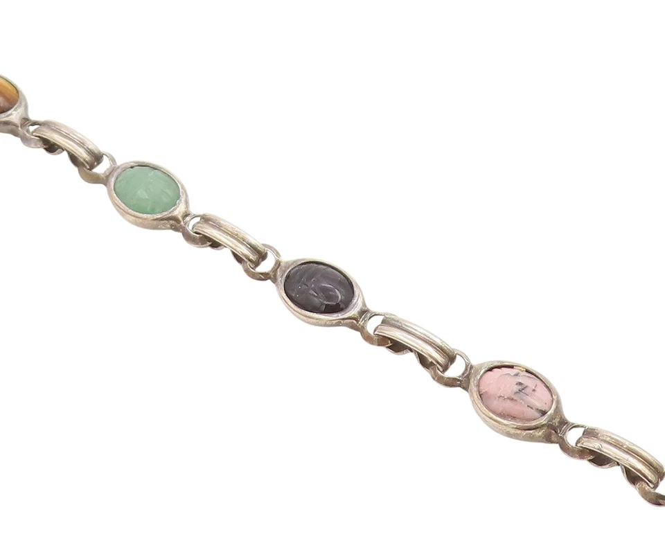 Pulsera de plata de ley 925 vintage cabujón cadena de eslabones de múltiples piedras preciosas BT11457 Foto 1 de 4