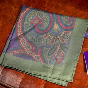Vintage Paisley Ralph Lauren Purple Label Green Purple Silk Pocket Square - Picture 1 of 9