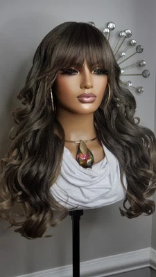 New Long Curly Ash Brown Full Cap Wig Bangs Style Womens Fashion Hair Wigs  - Image 1 of 4
