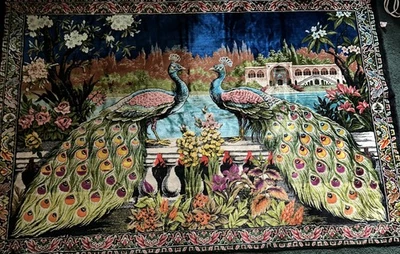 Large Vtg 2 Peacocks Blue Wall Tapestry Or Rug Made In Lebanon 74” X 49.5” Rare - Image 1 of 4