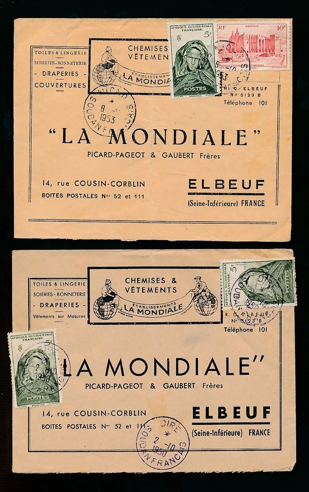 SOBRES PUBLICITARIOS SÁHARA FRANCÉS 1950-53 MALI..MONDIALE..CANCELA DIRE + NIONO Foto 1 de 1