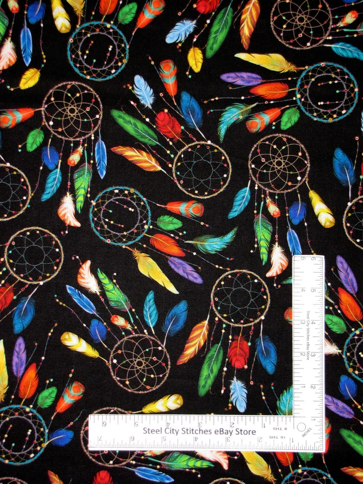 Dream Catcher Fabric Feathers Dreamcatcher Toss Black Cotton QT 1.6 Yards - Image 1 of 1