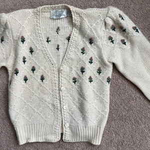 Marisa Cristina Cardigan Womens M Ivory Hand Loomed Angora Wool Puff Floral Vtg - Picture 1 of 8